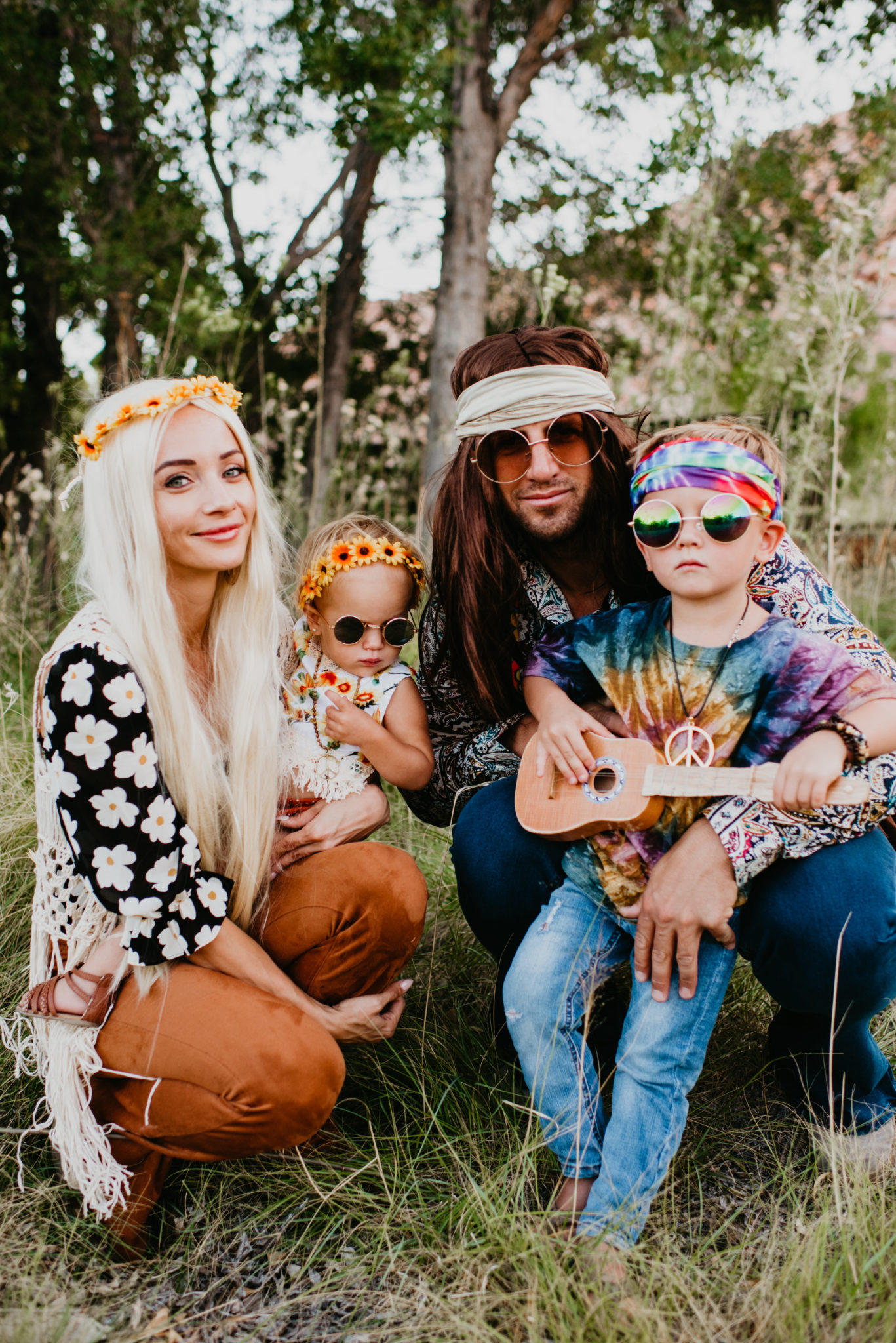 DIY Hippie Costume Ideas for Halloween featured by top US life and style blog, Outfits & Outings: image of a family dresses up as hippies