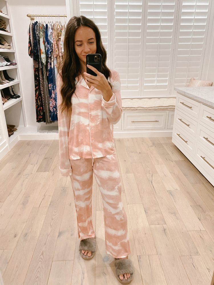 Nordstrom Anniversary Sale 2021 by popular Las Vegas fashion blog, Outfits and Outings: image of a woman wearing a pink and white tie dye pajama set. 