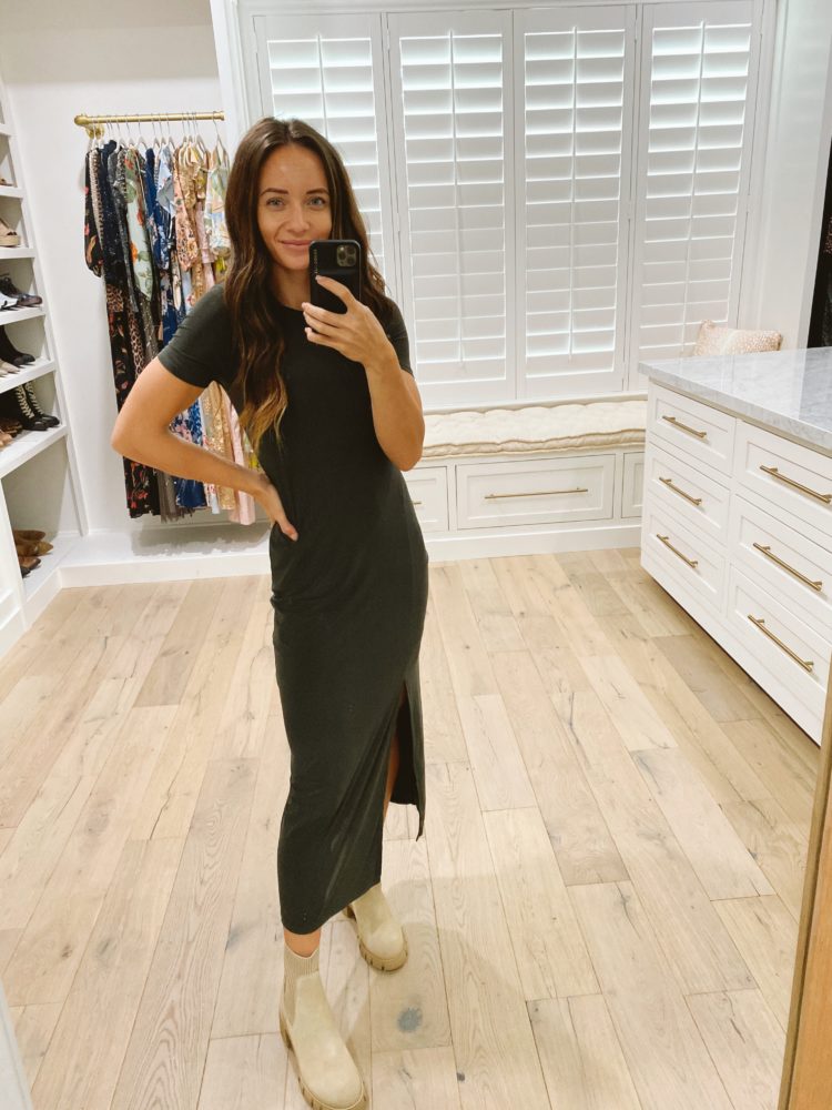 Nordstrom Anniversary Sale 2021 by popular Las Vegas fashion blog, Outfits and Outings: image of a woman wearing black body con maxi dress with tan ankle boots. 