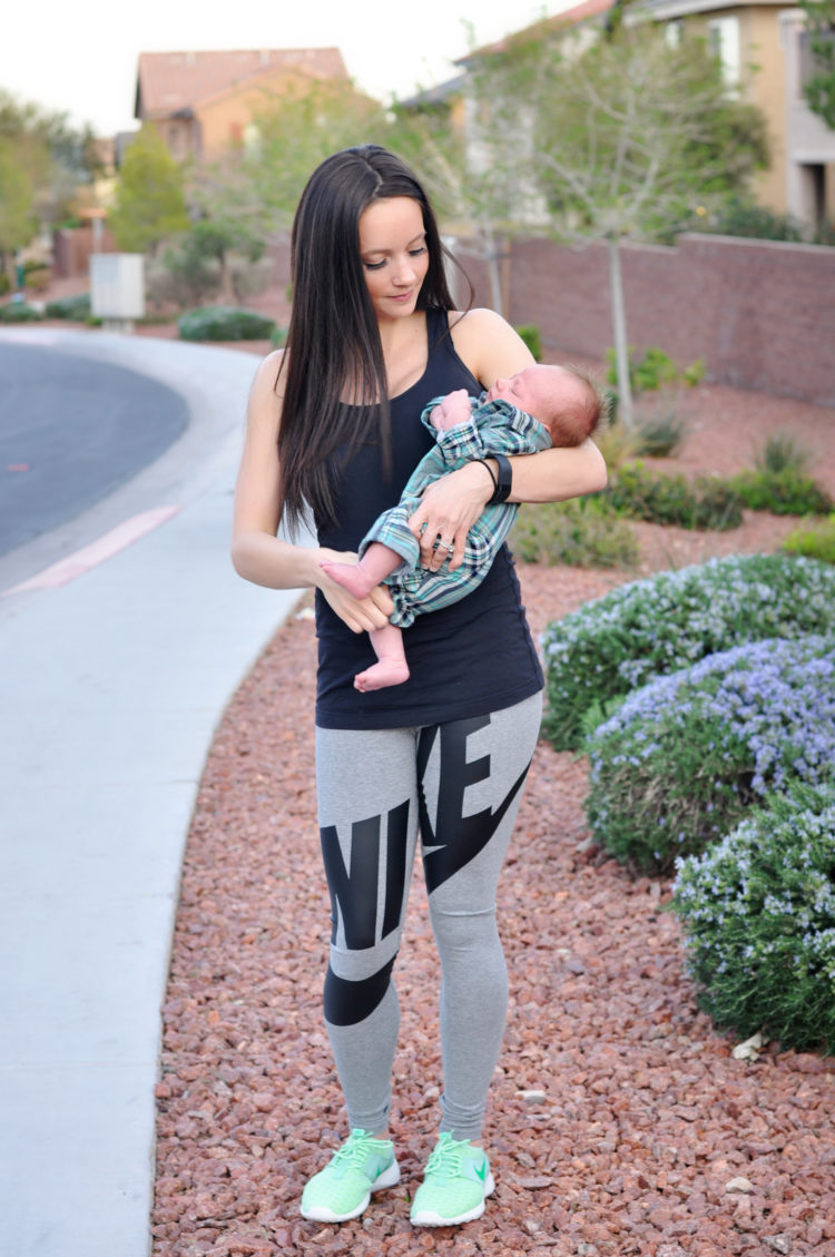 workout outfit, mint green nikes + grey nike leggings + black tank, baby  gap outfit