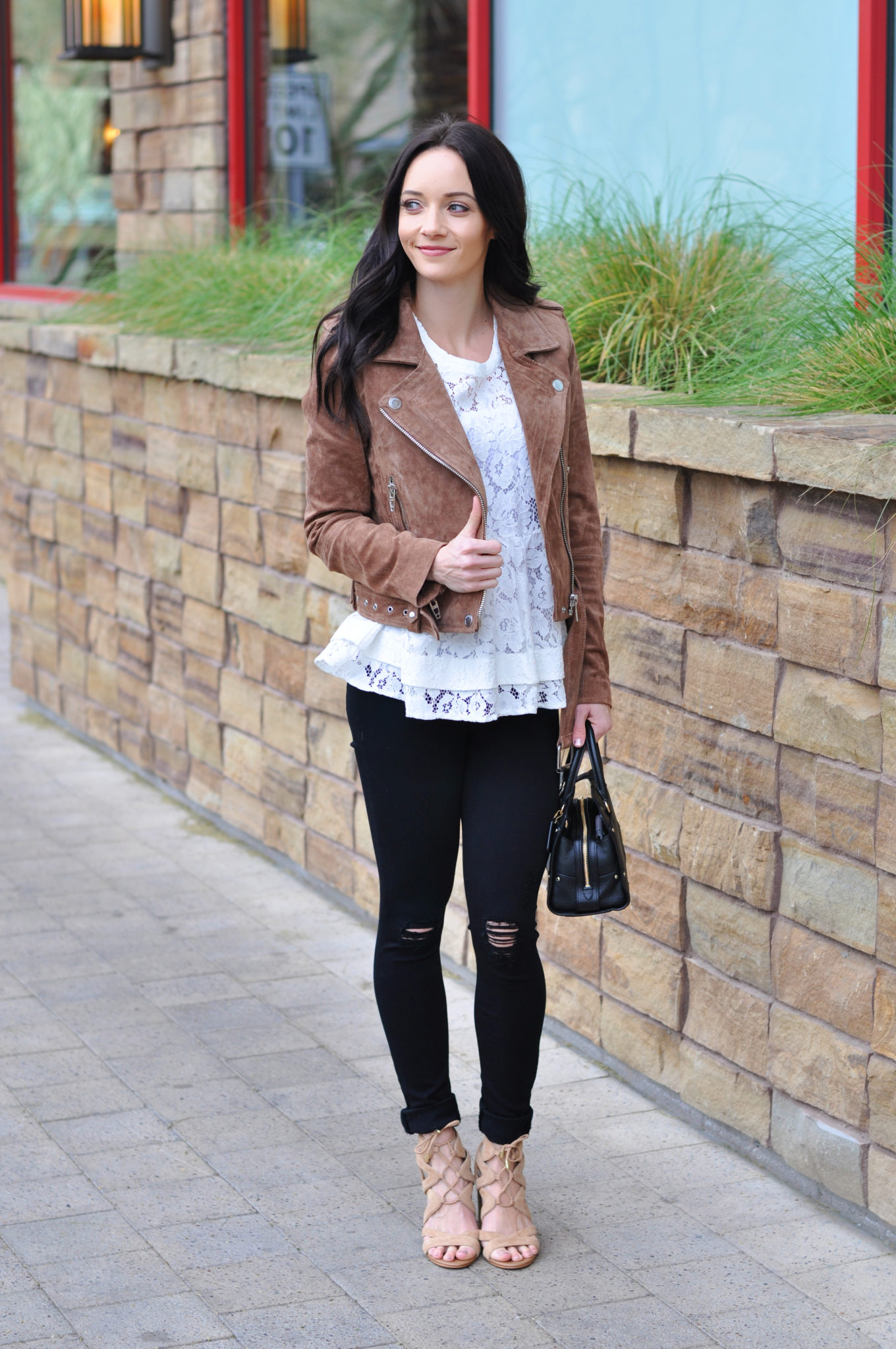 brown suede jacket womens outfit