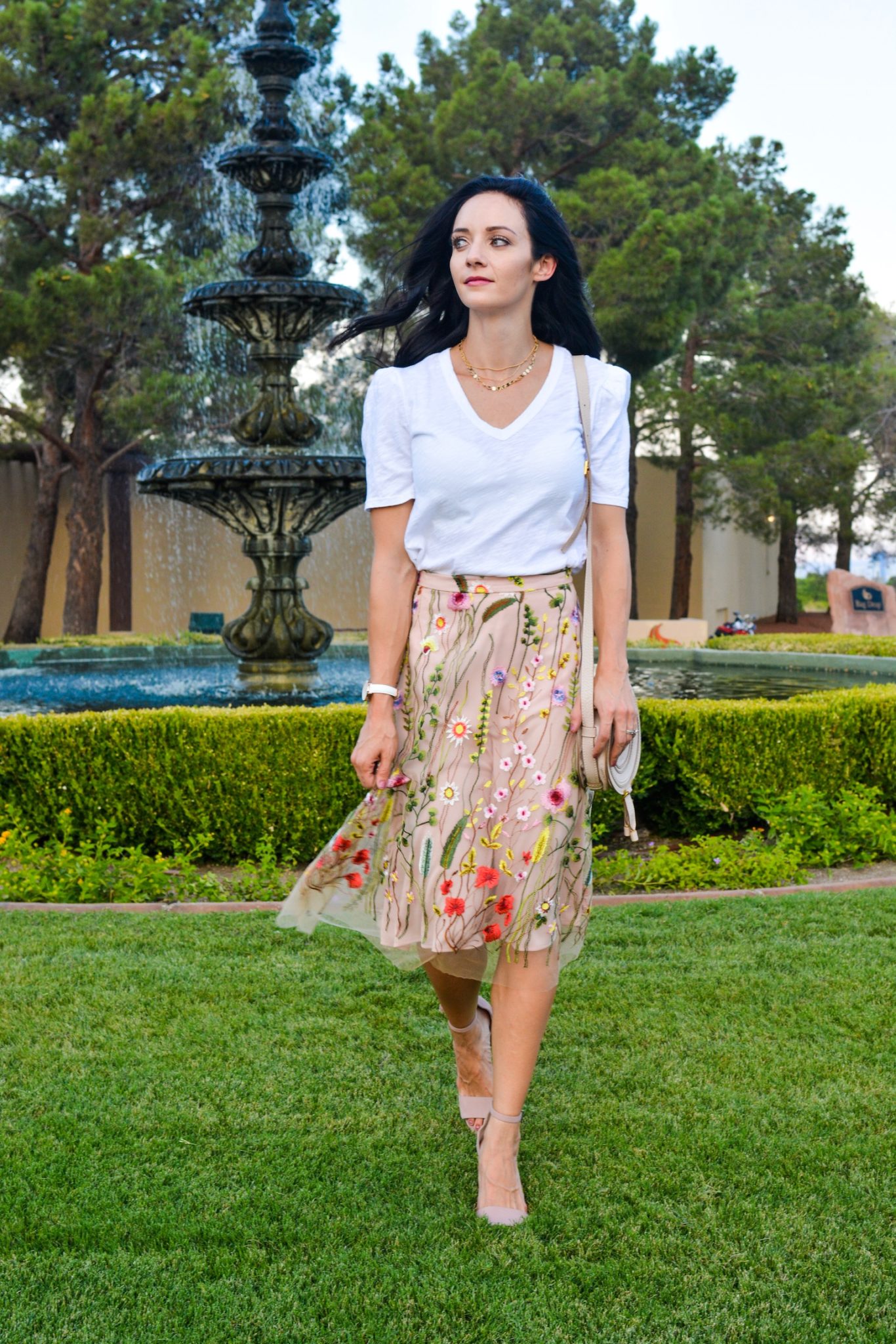 white tee, embroidered midi skirt, neutral color outfit