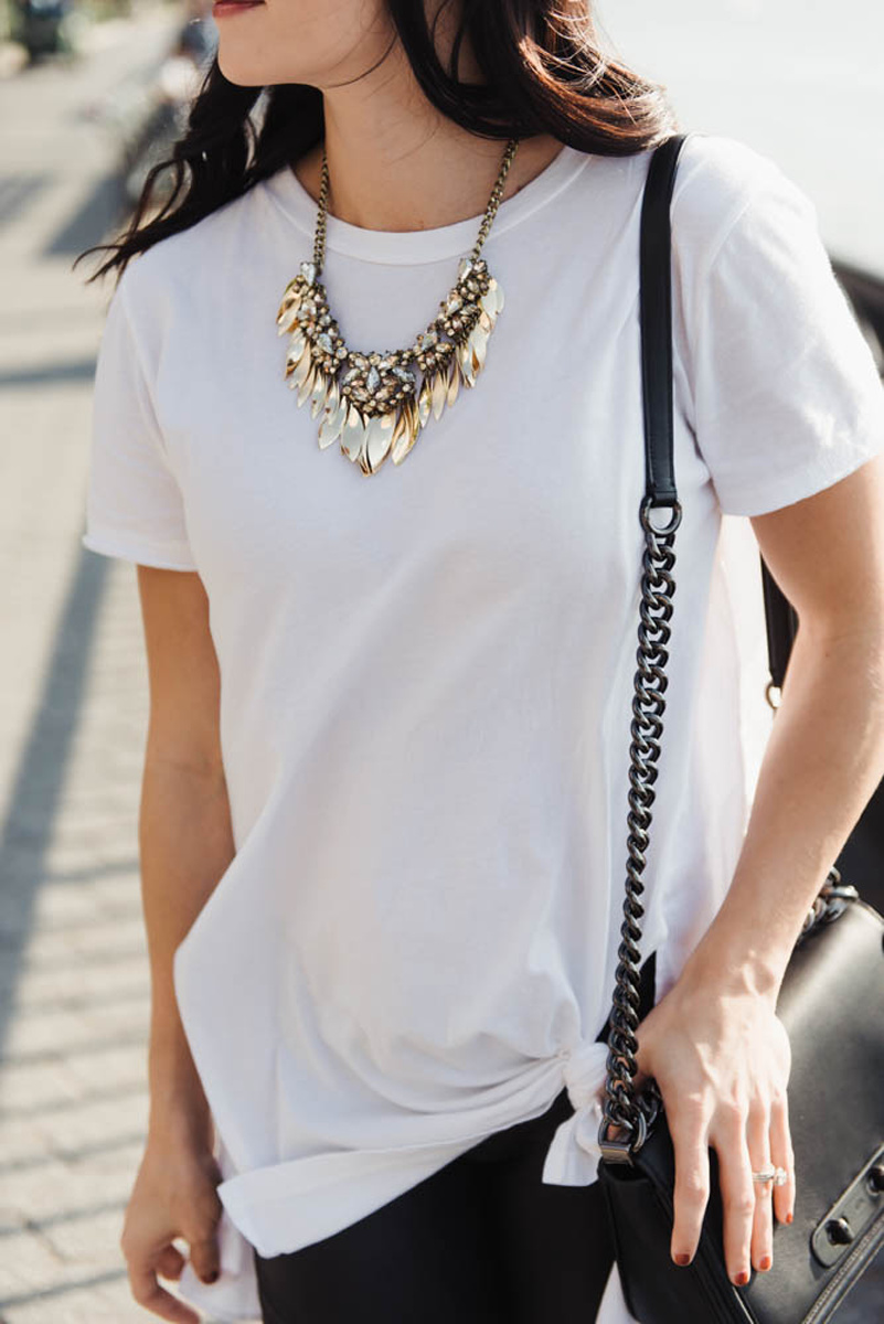 white tee for leggings with statement necklace