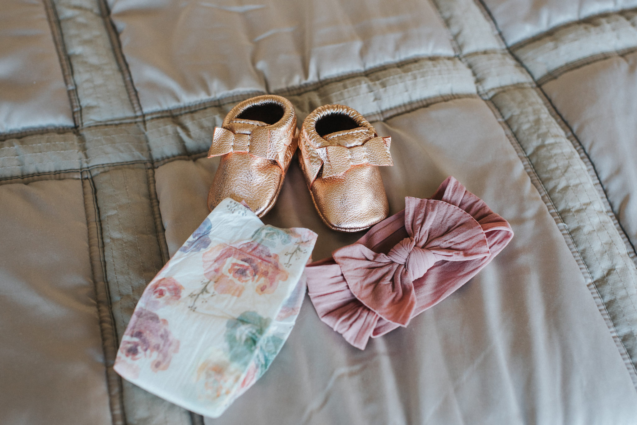 baby girl accessories, its a girl announcement, rose gold baby moccasins, floral diapers - Gender Reveal Idea: It's a ... Boy or Girl?? by popular Las Vegas lifestyle blogger Outfits & Outings