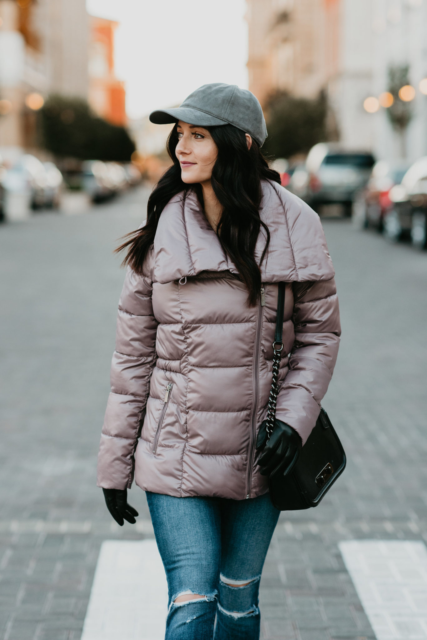 dusty rose puffer jacket outfit with baseball cap - Puffer Jacket Outfit styled by popular Las Vegas fashion blogger, Outfits & Outings