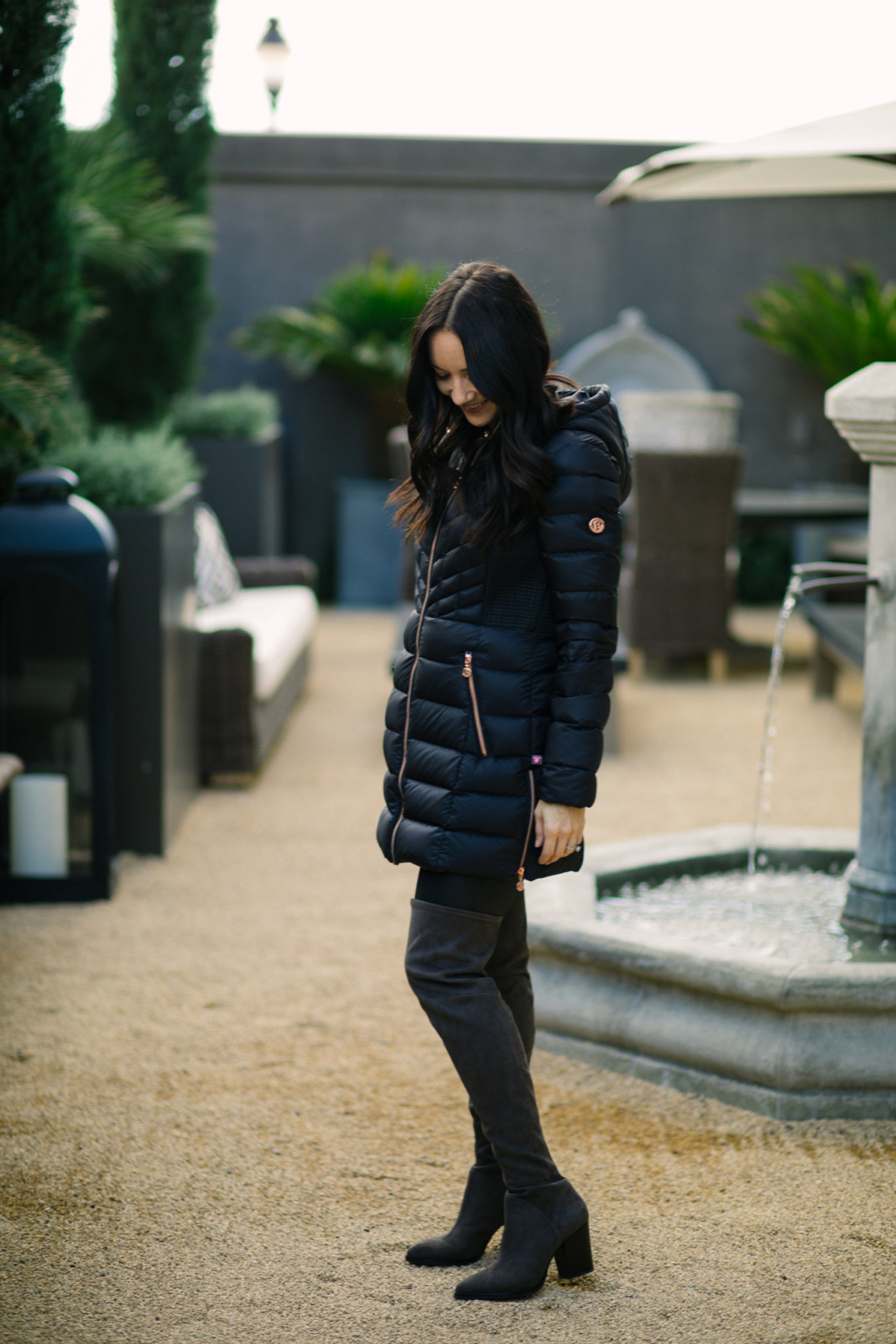 over the knee boots, packable jacket winter outfit, black jacket