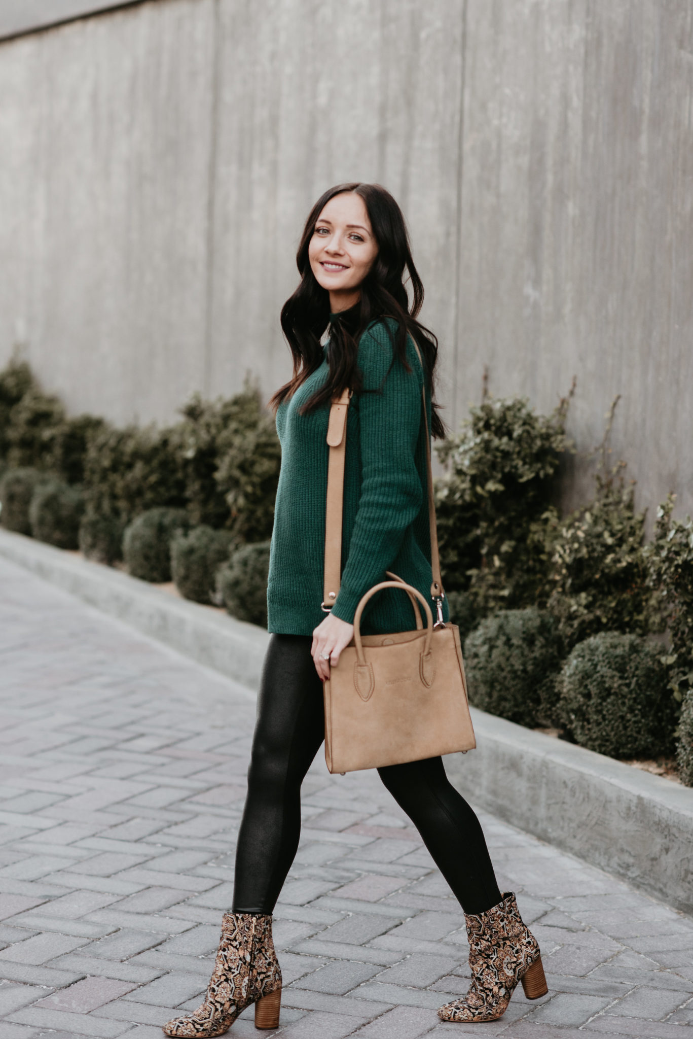 printed booties with black faux leather leggings and sweater for an easy everyday outfit - My Favorite Winter Sweaters All Under $50 by popular Las Vegas style blogger Outfits & Outings