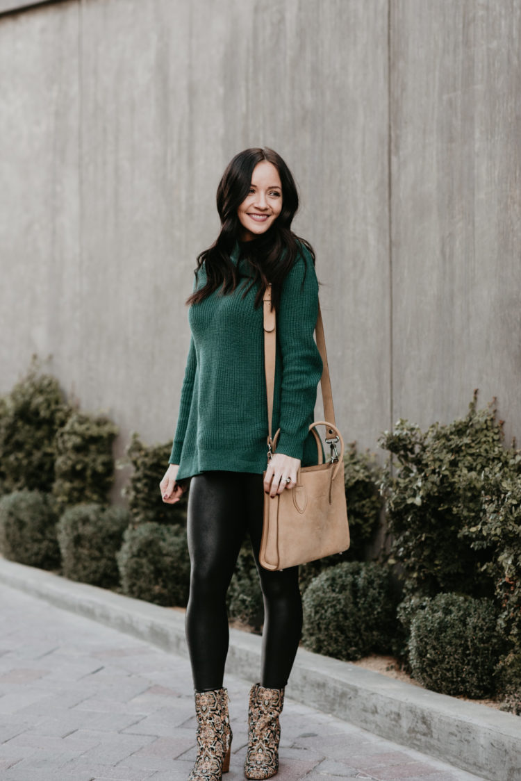 printed booties with tunic sweater and faux leather leggings