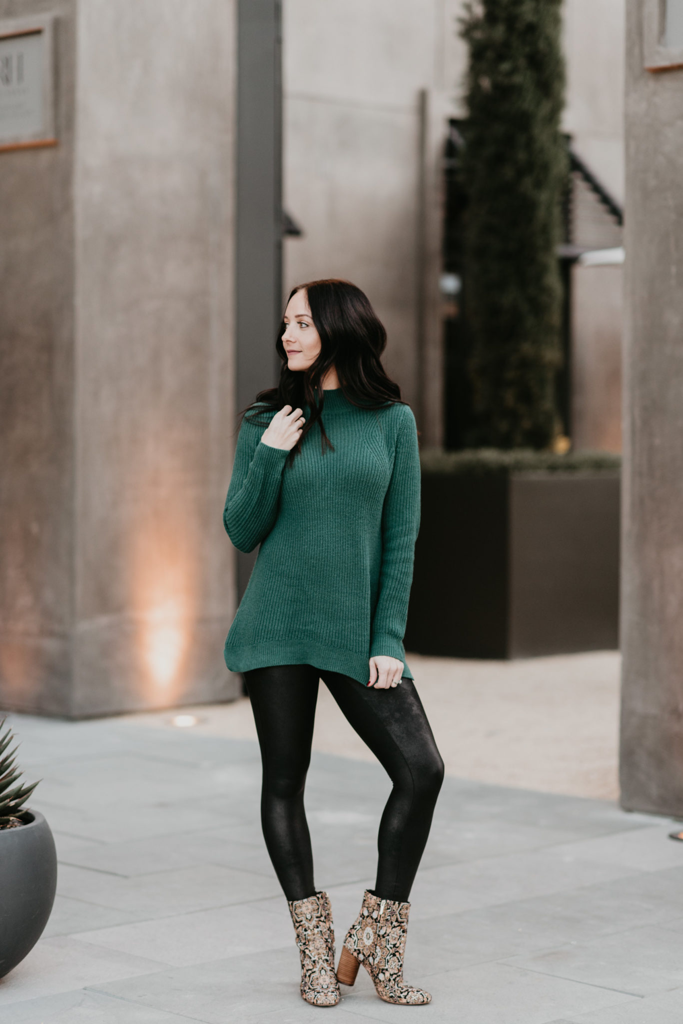 tunic sweater with black Spanx leggings and printed booties - My Favorite Winter Sweaters All Under $50 by popular Las Vegas style blogger Outfits & Outings