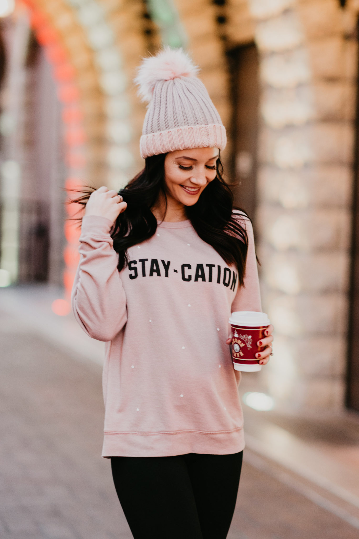 ways to treat yourself staycation sweatshirt and blush beanie - 15 Ways to Treat Yourself by popular Las Vegas style blogger Outfits & Outings