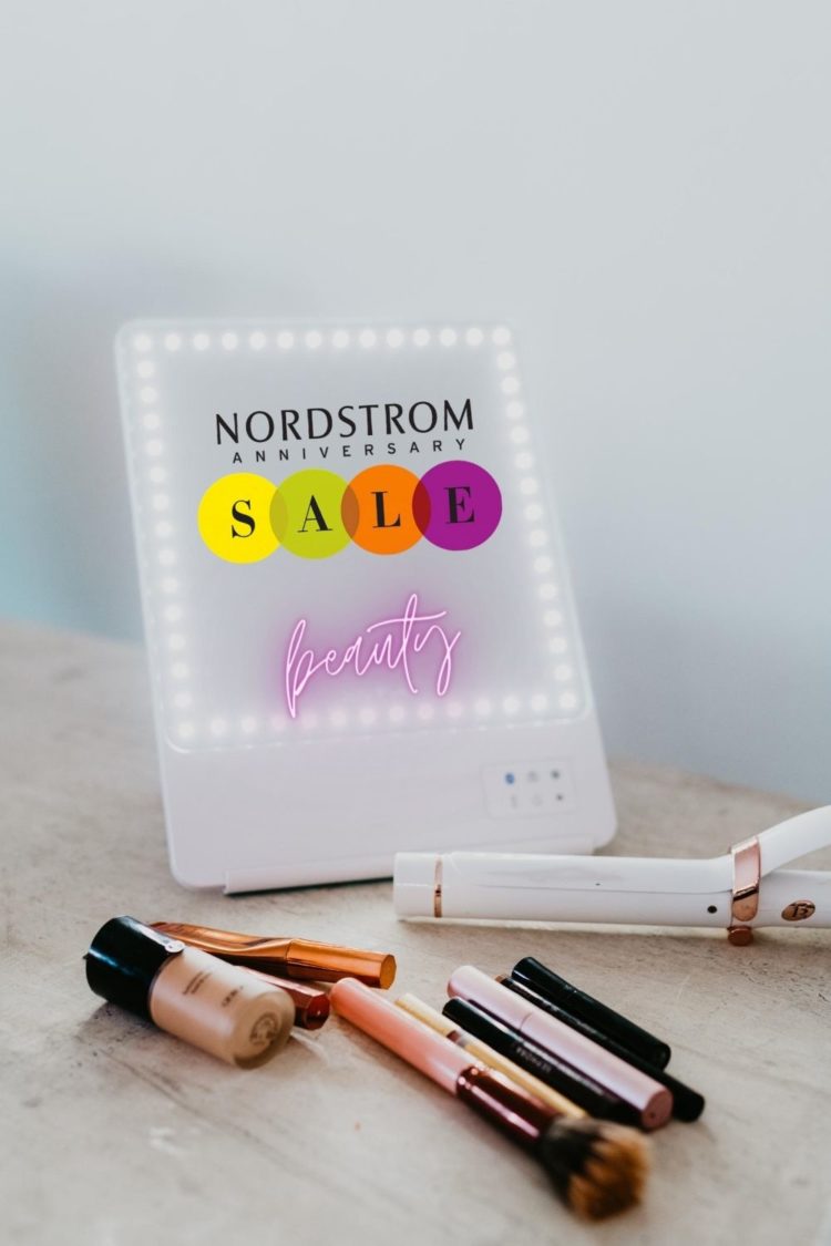 Nordstrom Anniversary Sale Beauty Favorites featured by top Las Vegas beauty blogger, Outfits & Outings | Nordstrom Anniversary Sale by popular Las Vegas beauty blog, Outfits and Outings: image of a makeup mirror, T3 curling iron, makeup brushes, foundation, eyeliner, mascara, and lipgloss. 