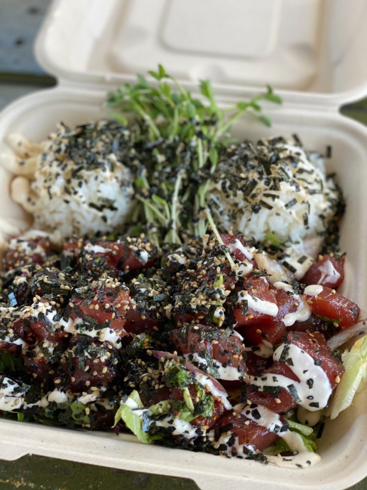 Best Restaurants in Maui by popular Las Vegas travel blog, Outfits and Outings: image of poke hurricane style and rice. 