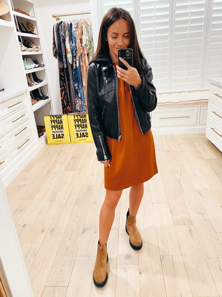 Nordstrom Anniversary Sale 2021 by popular Las Vegas fashion blog, Outfits and Outings: image of a woman wearing a burnt orange t-shirt dress, faux leather jacket and brown suede ankle boots. 