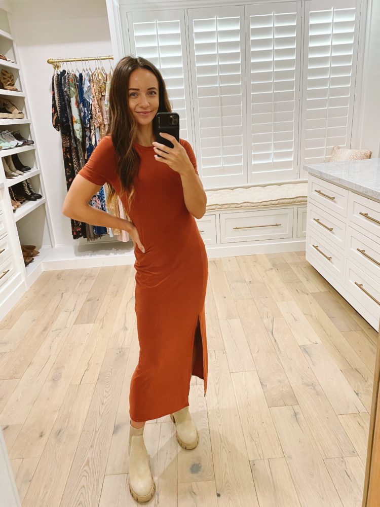 Nordstrom Anniversary Sale 2021 by popular Las Vegas fashion blog, Outfits and Outings: image of a woman wearing a burnt orange body con maxi dress with tan ankle boots. 