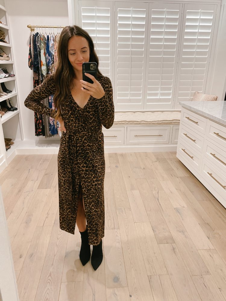 Nordstrom Anniversary Sale 2021 by popular Las Vegas fashion blog, Outfits and Outings: image of a woman wearing a leopard print maxi dress with black point toe ankle boots.