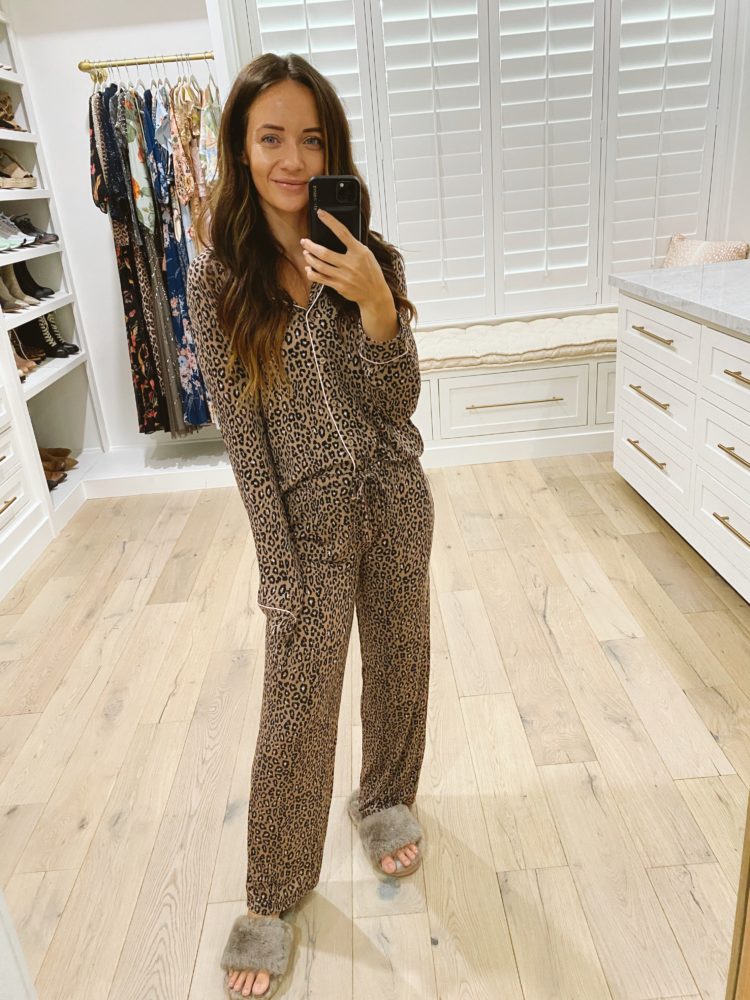 Nordstrom Anniversary Sale 2021 by popular Las Vegas fashion blog, Outfits and Outings: image of a leopard print pajama set with grey fuzzy slippers. 