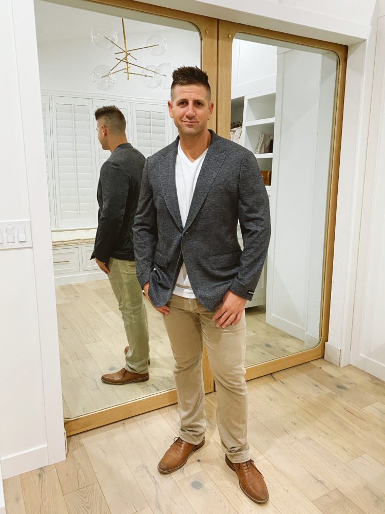 Nordstrom Anniversary Sale 2021 by popular Las Vegas fashion blog, Outfits and Outings: image of a man wearing a grey blazer, white t-shirt, tan pants, and brown dress shoes. 